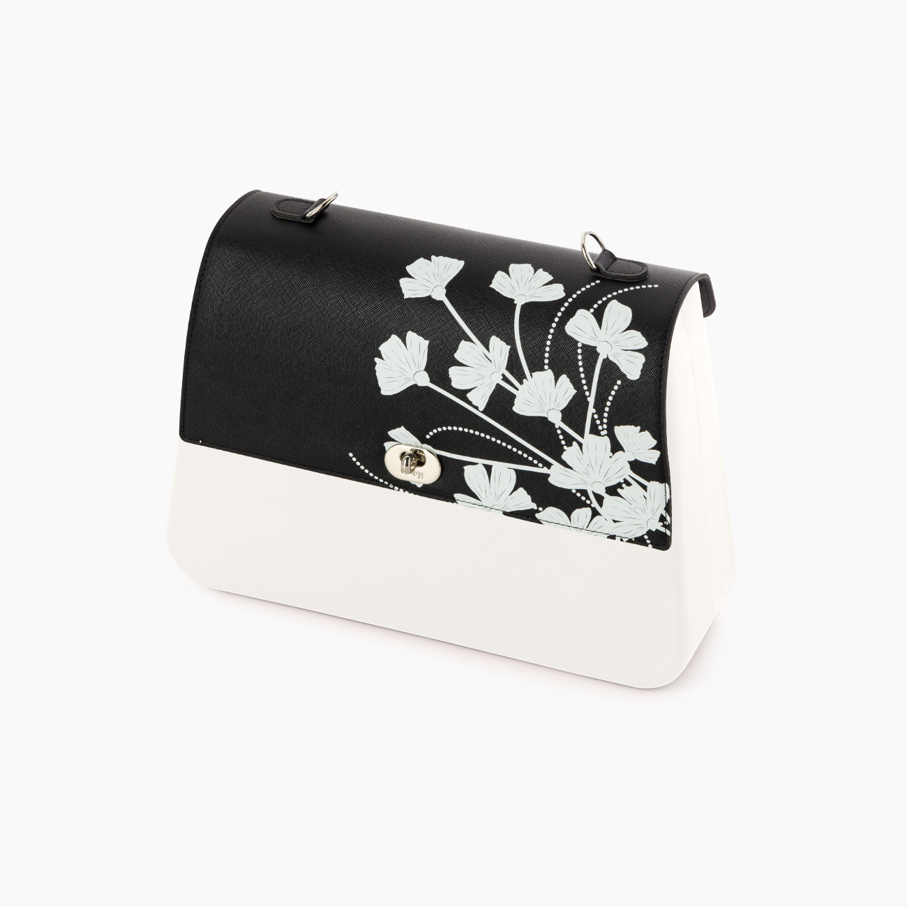 O Bag Queen Flap with Pocket Marigold Print Eco Leather – White/Black
