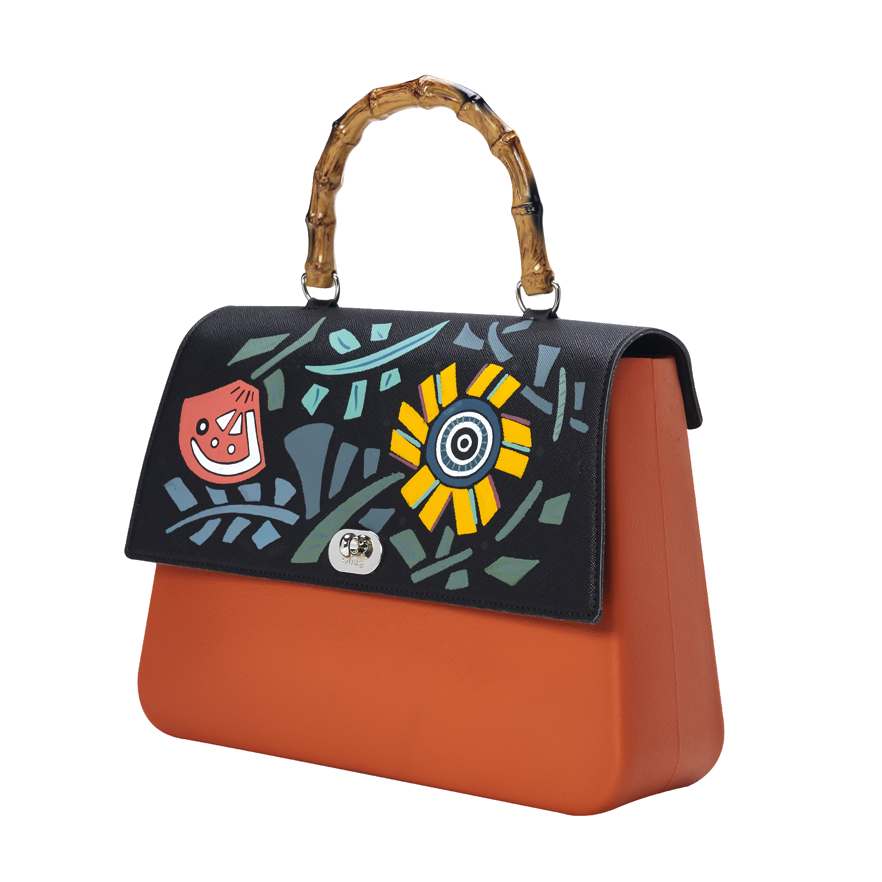 O Bag Queen Brick with Tangerine Print Flap & Bamboo Handle