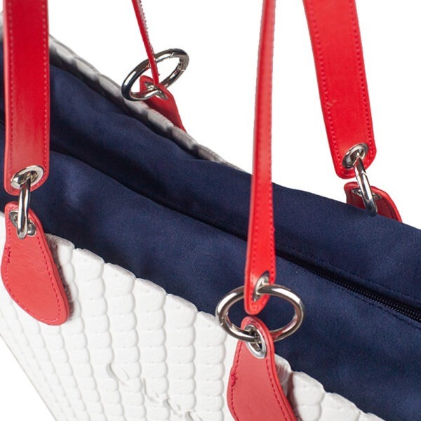Complete Bag | O Bag Knit Latte with Blue Microfibre Insert & Red Long Handles