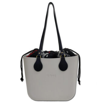 O Bag Mini Light Grey with White/Black Drawstring Insert & Navy Blue Slim Long Handles